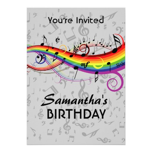Rainbow Blck Music Notes  Birthday Party Personalized Invite