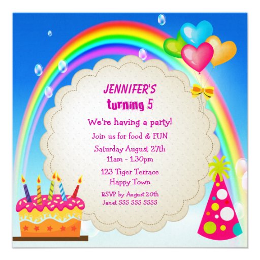Rainbow & Cake Girl's Cute Birthday Party Invites