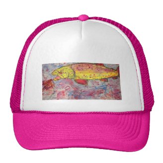 rainbow chasing fly trucker hat