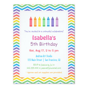 Rainbow Chevron Crayons Arts Kids Birthday Party Personalized Invite