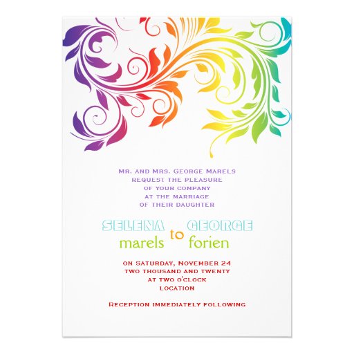 Rainbow colors colorful scroll leaf wedding invitation