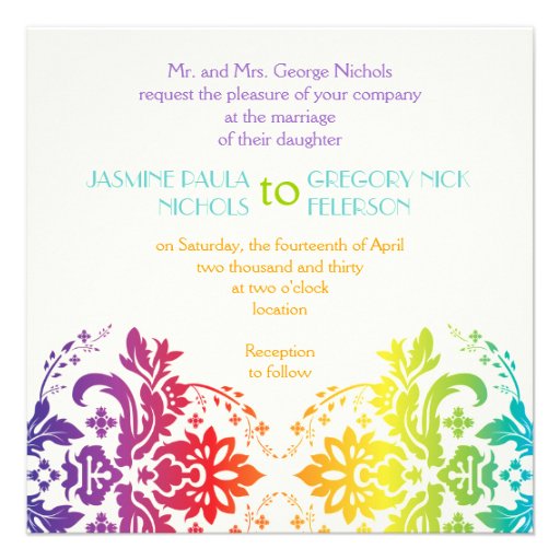 Rainbow colors damask wedding personalized invitations