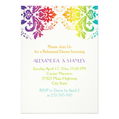 Rainbow colors damask wedding rehearsal dinner invites