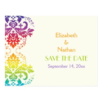 Rainbow colors damask wedding Save the Date Postcards