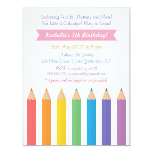 Rainbow Colouring Pencils Arts Kids Birthday Party Customized Announcement Card