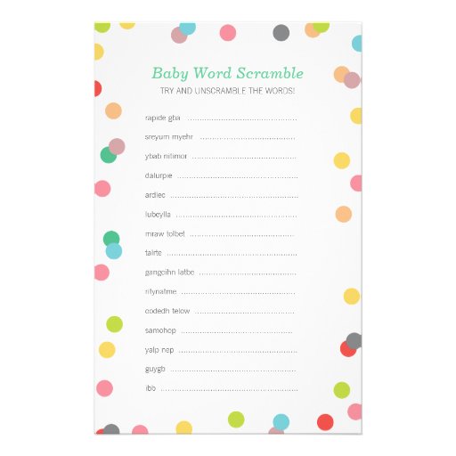 Rainbow Confetti Baby Word Scramble Game Stationery Paper