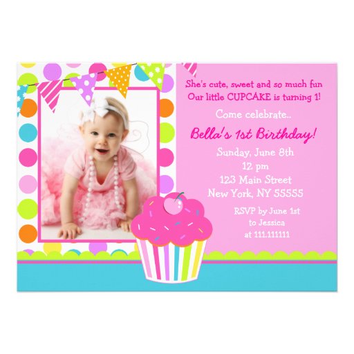 Rainbow Cupcake Photo Birthday Party Invitation (front side)