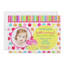Rainbow Cupcake  Photo Birthday Party Invitations