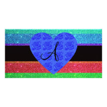 Rainbow glitter monogram blue roses photo greeting card