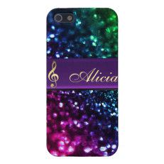 Rainbow Glitter Personalized Gold Music Clef Case iPhone 5 Cases