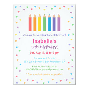 Rainbow Hearts Colouring Pencils Arts Birthday Announcement Card