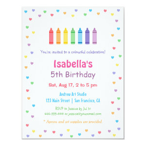Rainbow Hearts Crayons Arts Crafts Birthday Party Custom Announcement Cards