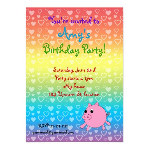 Rainbow hearts pig birthday invitations
