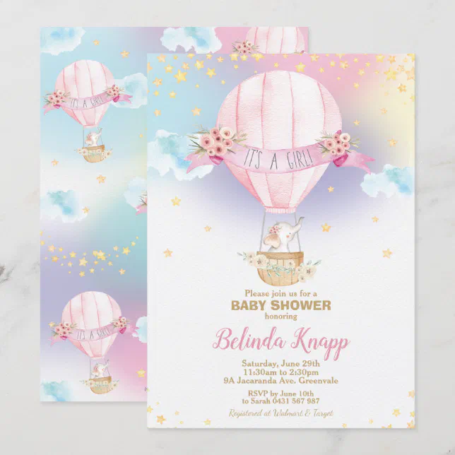 Rainbow Hot Air Balloon Baby Girl Shower Elephant Invitation Zazzle