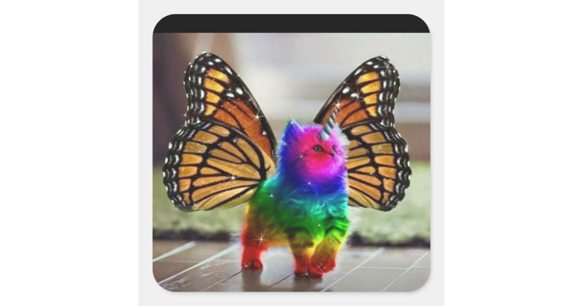 Rainbow kitten unicorn butterfly square sticker | Zazzle