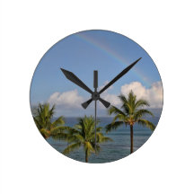 Rainbow over the Ocean with Palm Trees Round Wallclock