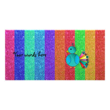 Rainbow peacock rainbow glitter custom photo card