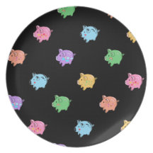 Rainbow Pig Pattern on black Dinner Plates
