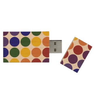 Rainbow Polka Dots on White Wood USB 3.0 Flash Drive