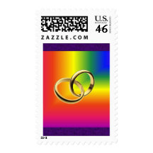 Rainbow Pride with Gold Wedding Bands Postage