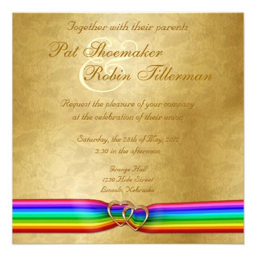 Rainbow Ribbon Double Hearts Wedding Invitation 6