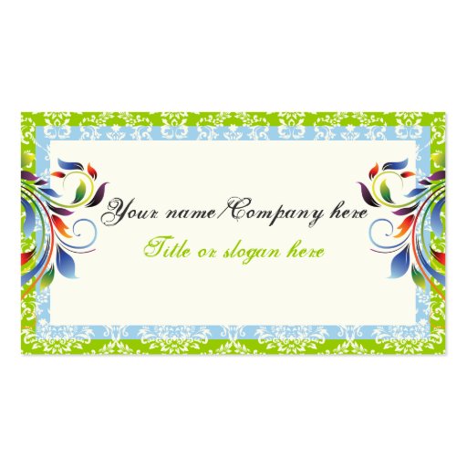 Rainbow scroll leaf blue green damask borders business card template (front side)