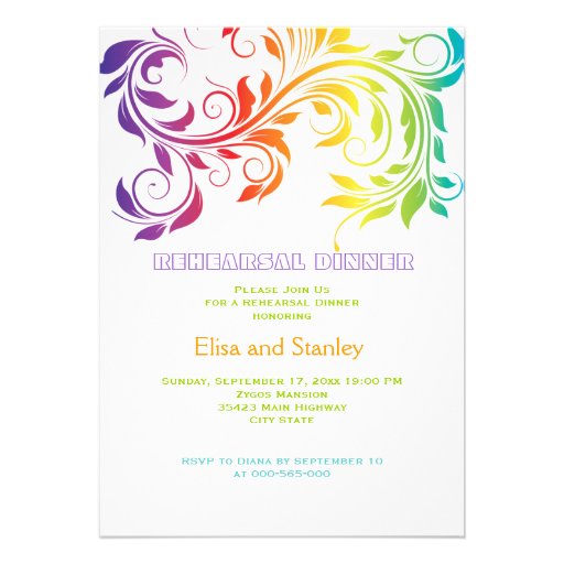 Rainbow scroll leaf wedding rehearsal dinner card
