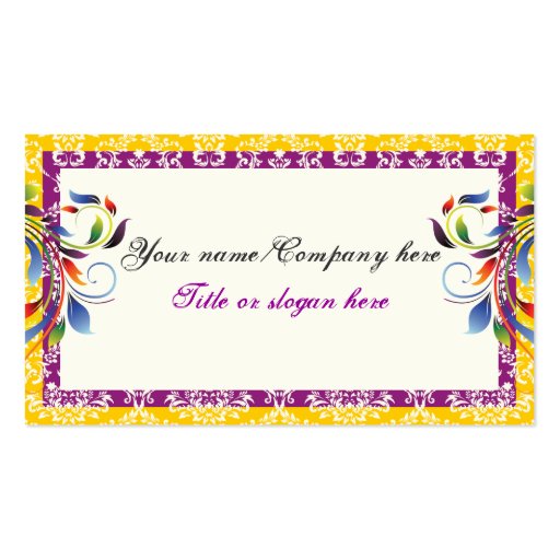 Rainbow scroll leaf yellow purpledamask borders business card templates (front side)