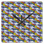 Rainbow Smiley Face and Flowers Hippie Pattern Square Wallclocks