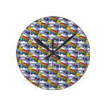 Rainbow Smiley Face and Flowers Hippie Pattern Round Clocks