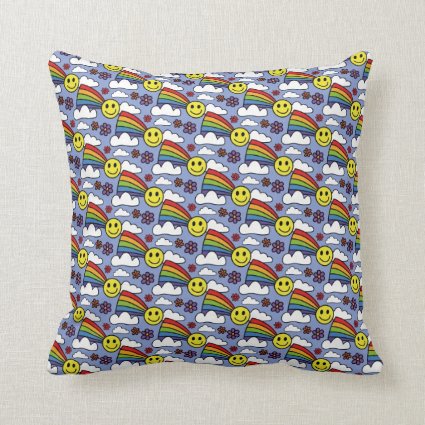 Rainbow Smiley Face and Flowers Hippie Pattern Throw Pillow