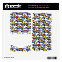 Rainbow Smiley Face and Flowers Hippie Pattern BlackBerry Bold Skins