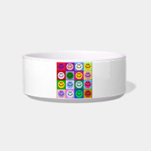 Rainbow smiley face squares cat food bowl