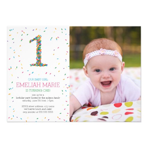 Rainbow Sprinkles 1st Birthday Party Invite (front side)
