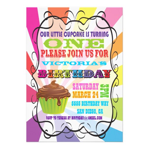 Rainbow Sunburst Cupcake Birthday Party Invitation
