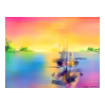 Rainbow Sunset Glow Boats Floating in the Water Poster