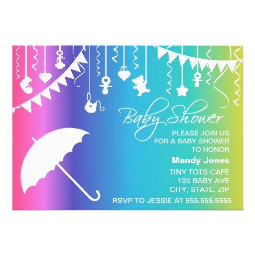 Rainbow umbrella modern baby shower invitations