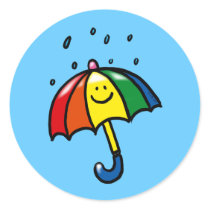Rainbow umbrella & rain drops round stickers