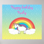Rainbow unicorn on blue yellow  stars poster