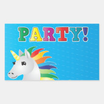 Rainbow unicorn party invite on blue PARTY stickers