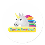 rainbow unicorn party invite on blue You're invite Sticker