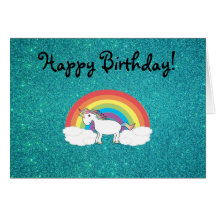 Rainbow unicorn turquoise glitter card