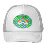 Rainbow unicorn with blue hearts on green mesh hats