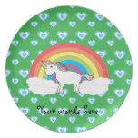 Rainbow unicorn with blue hearts on green dinner plate
