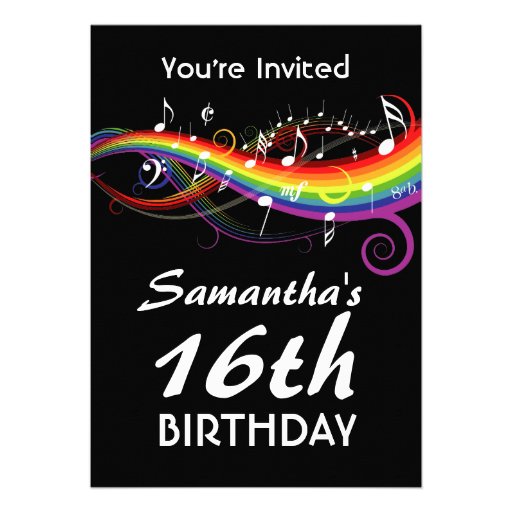 Rainbow White Music Notes 16th Birthday Party Personalized Invitations