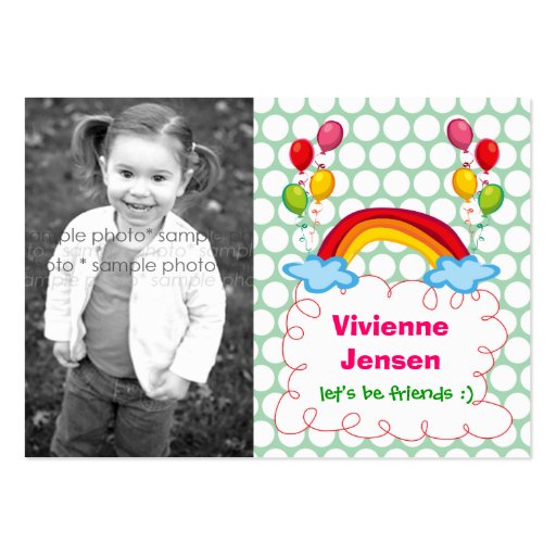 Rainbows & Balloon Kids Custom Photo Playdate Card Business Cards (front side)