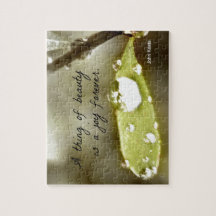 Raindrop on leaf, with quote: "A thing of beauty" Jigsaw Puzzle