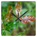 raindrops on leaves square wall clock