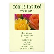 Raindrops on Yellow Orange and Pink Roses Custom Invitations