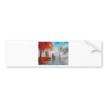 Rainy day autumn red bus umbrella painting bumper sticker